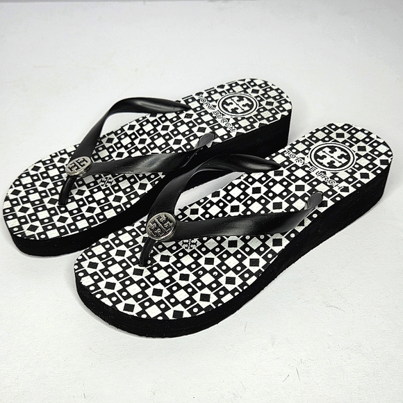 Tory Burch Shoes - Tory Burch Black White Geo Platform Wedge Flip Flops Sandals Women's Size 7.5